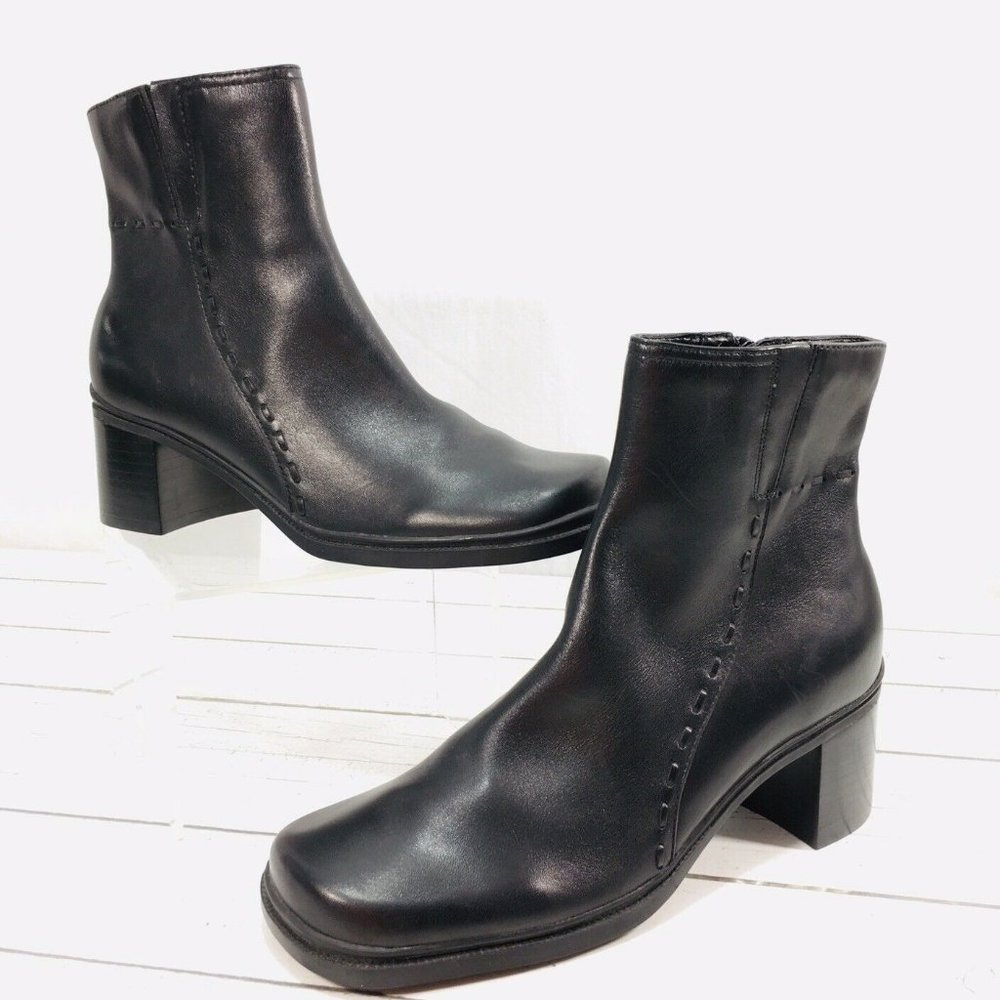 Black Leather Chunky Heel Ankle Boots SZ 6.5